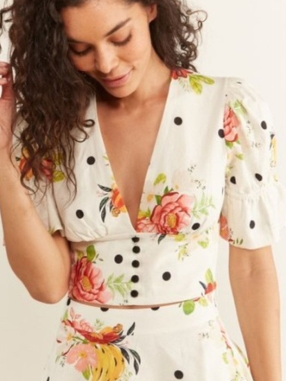Farm Rio Nanaju Floral Polka Dot V-Neck Crop Top - White NWOT